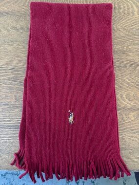 Ralph Lauren Wine Red Knit Wool Scarf with Embroidered Pony